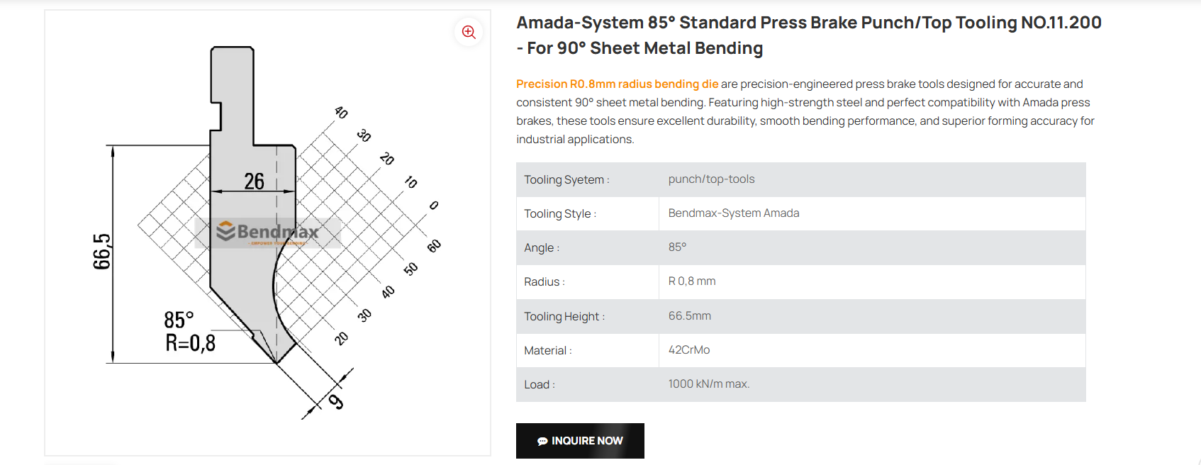 Amada-system 85° Standard Press Brake Punch/Top Tooling NO.11.200 - For 90° Sheet Metal Bending